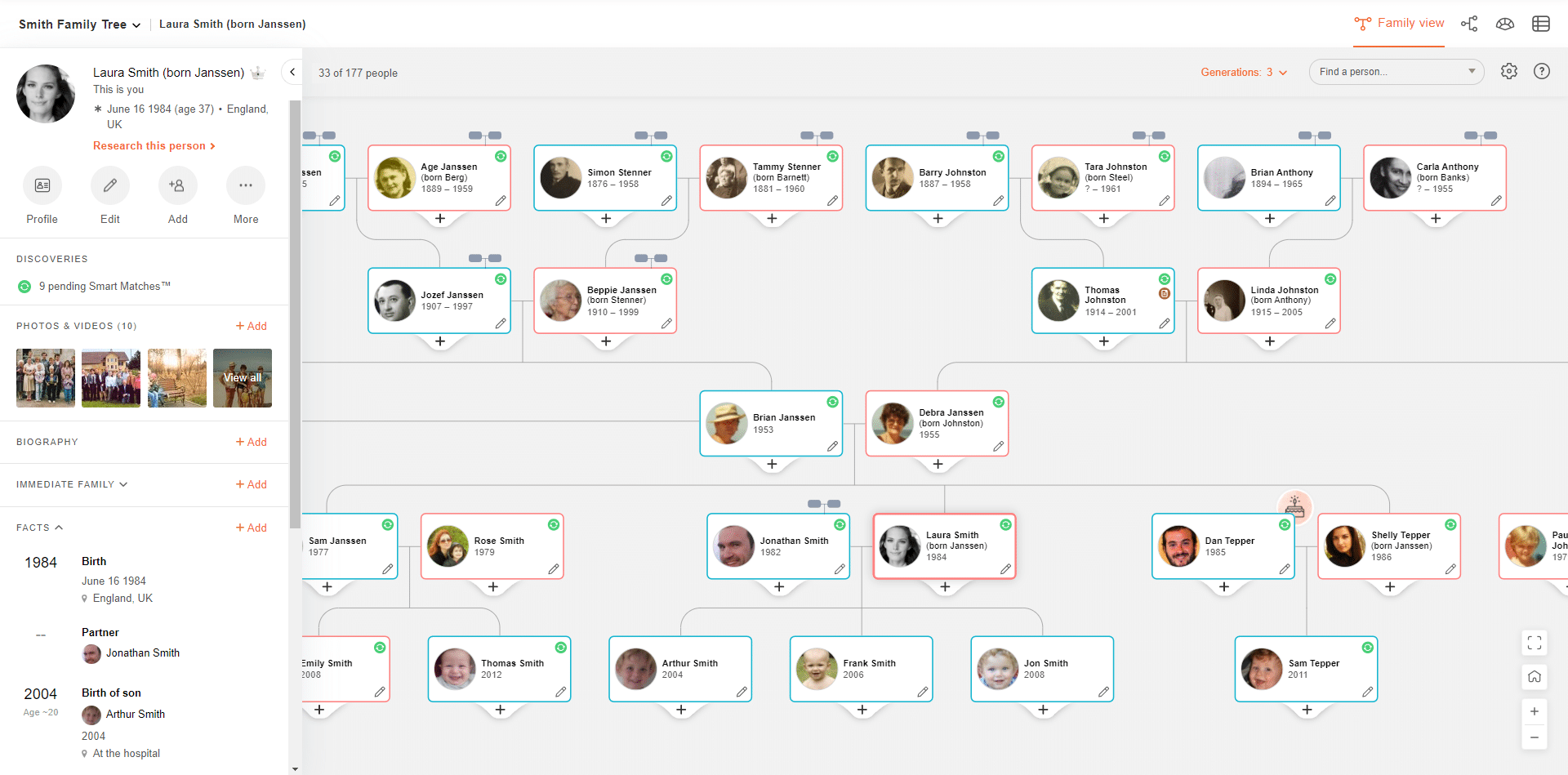 Captura de tela da visualização modo árvore no MyHeritage - como fazer uma árvore genealógica