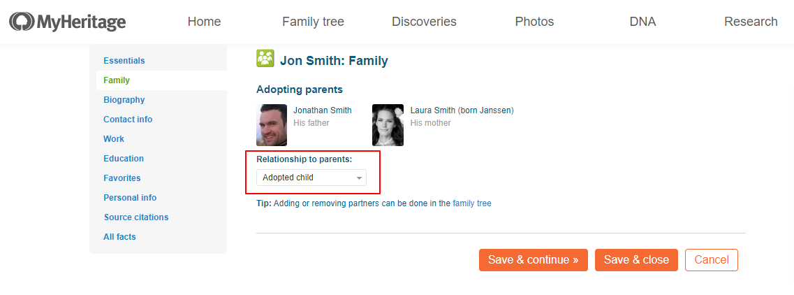 "Relationship to parents" menu in the "Family" section with "Adopted child" selected