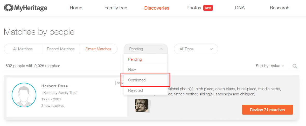 Revendo Smart Matches™ confirmados no MyHeritage