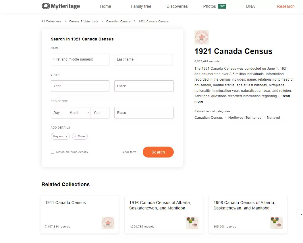 A coleção do Censo Canadense de 1921 no MyHeritage