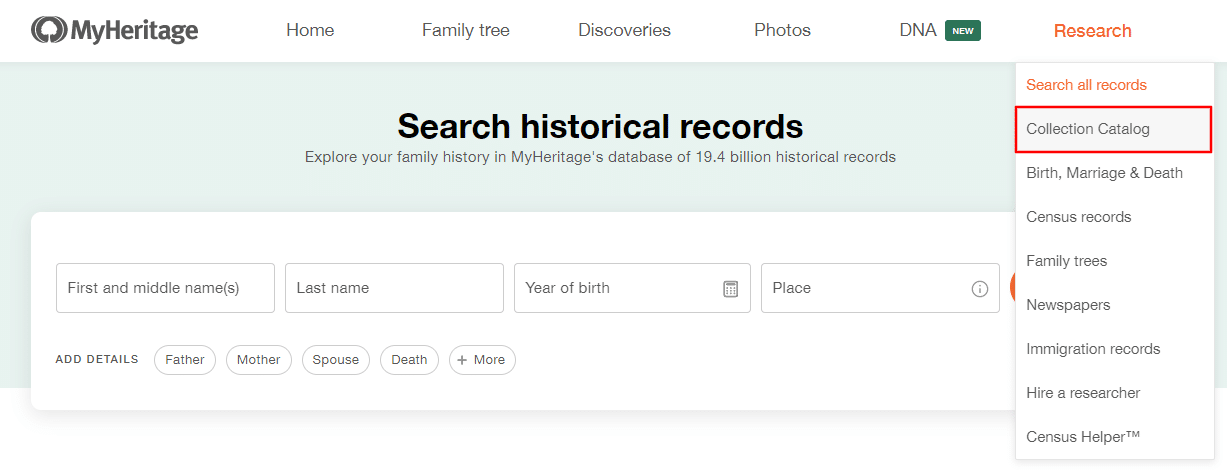 Acessando o Catálogo de Coleções no MyHeritage