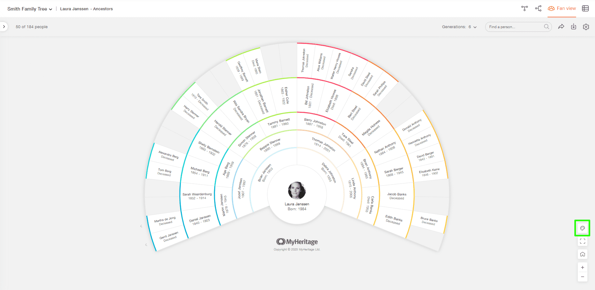 Visualização em leque da árvore genealógica no MyHeritage