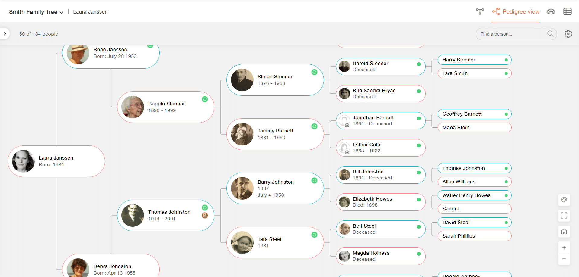 Visualização modo linhagem no MyHeritage - como fazer uma árvore genealógica
