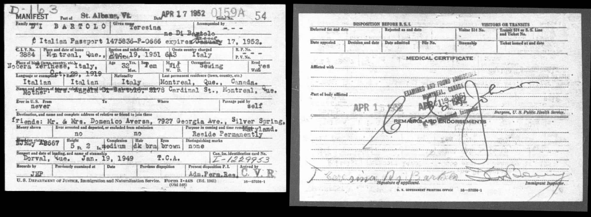 Scanned record of Teresina Di Bartolo from United States, Border Crossings from Canada collection