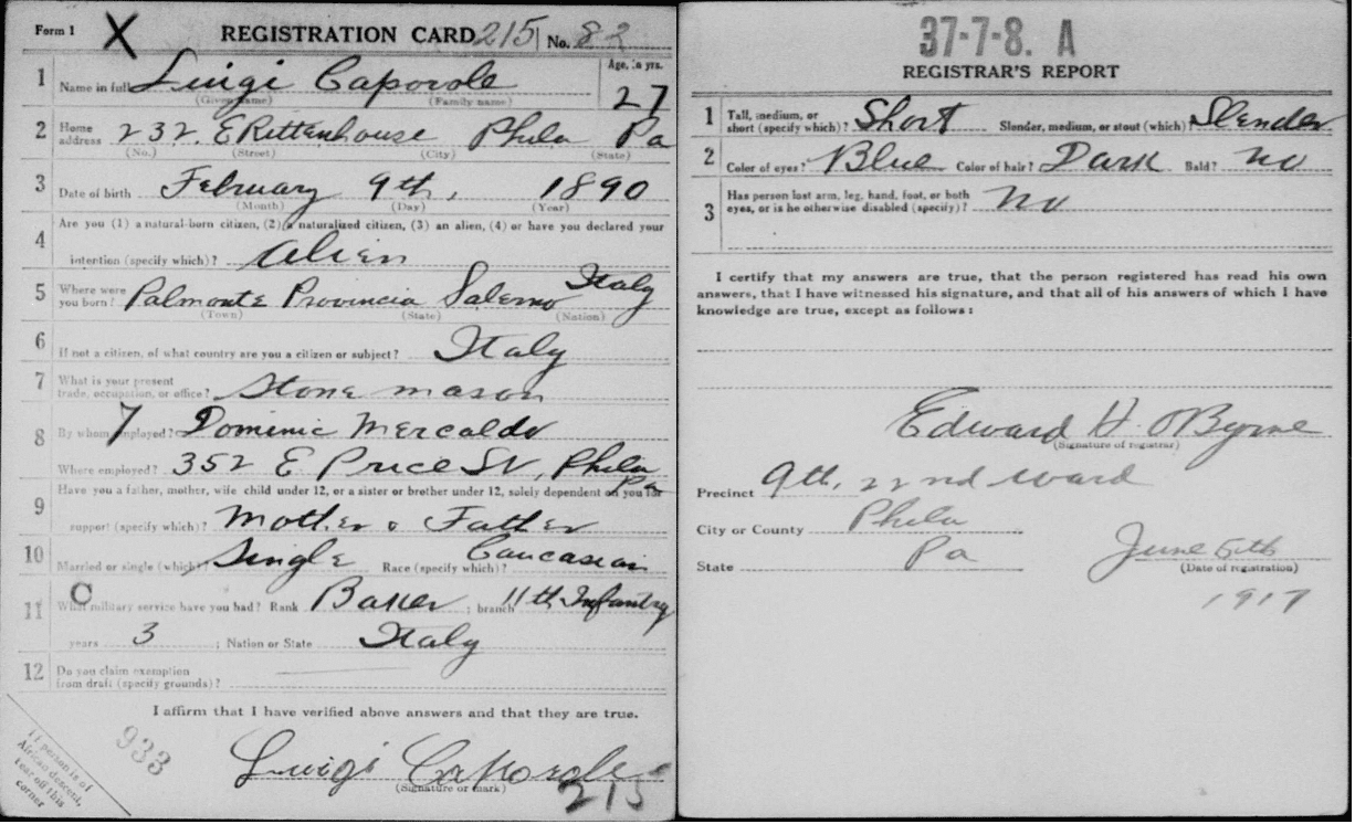 WWI draft card of Luigi Caparole from the MyHeritage WWI Draft Registration collection