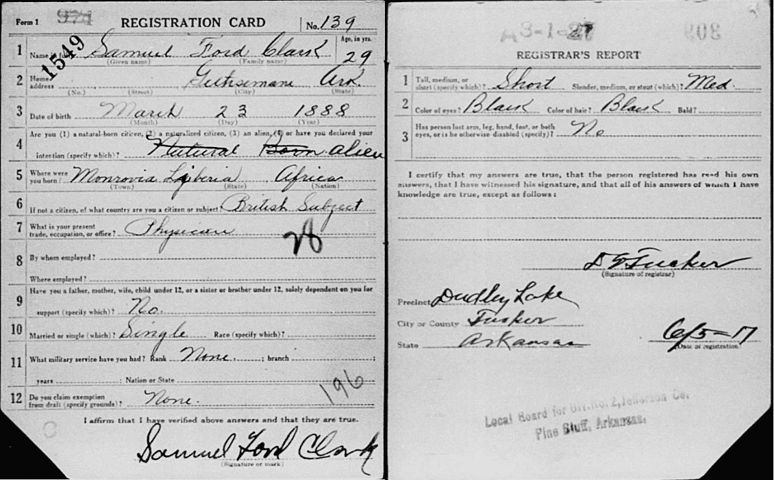WWI draft card of Samuel Ford Clark, with the bottom corners removed to indicate he was of African descent