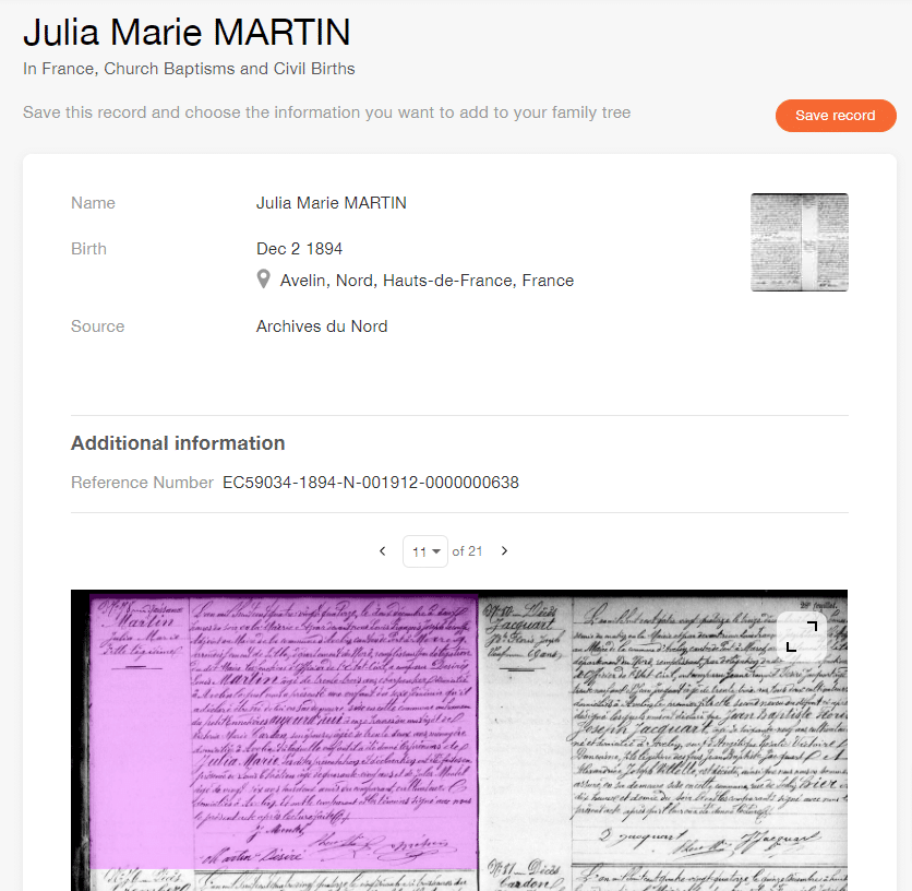 Birth record of Julia Maria Martin